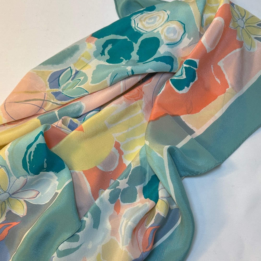 Talbots Floral Silk-Feel Scarf in Teal, Coral & Yellow
